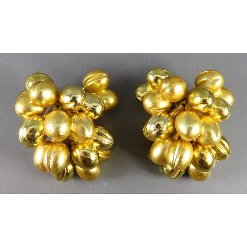 Vintage CRAZY TACKY CLIP-ON EARRINGS Gold Tone Bead/Berries/Beans CLUSTER HOOP